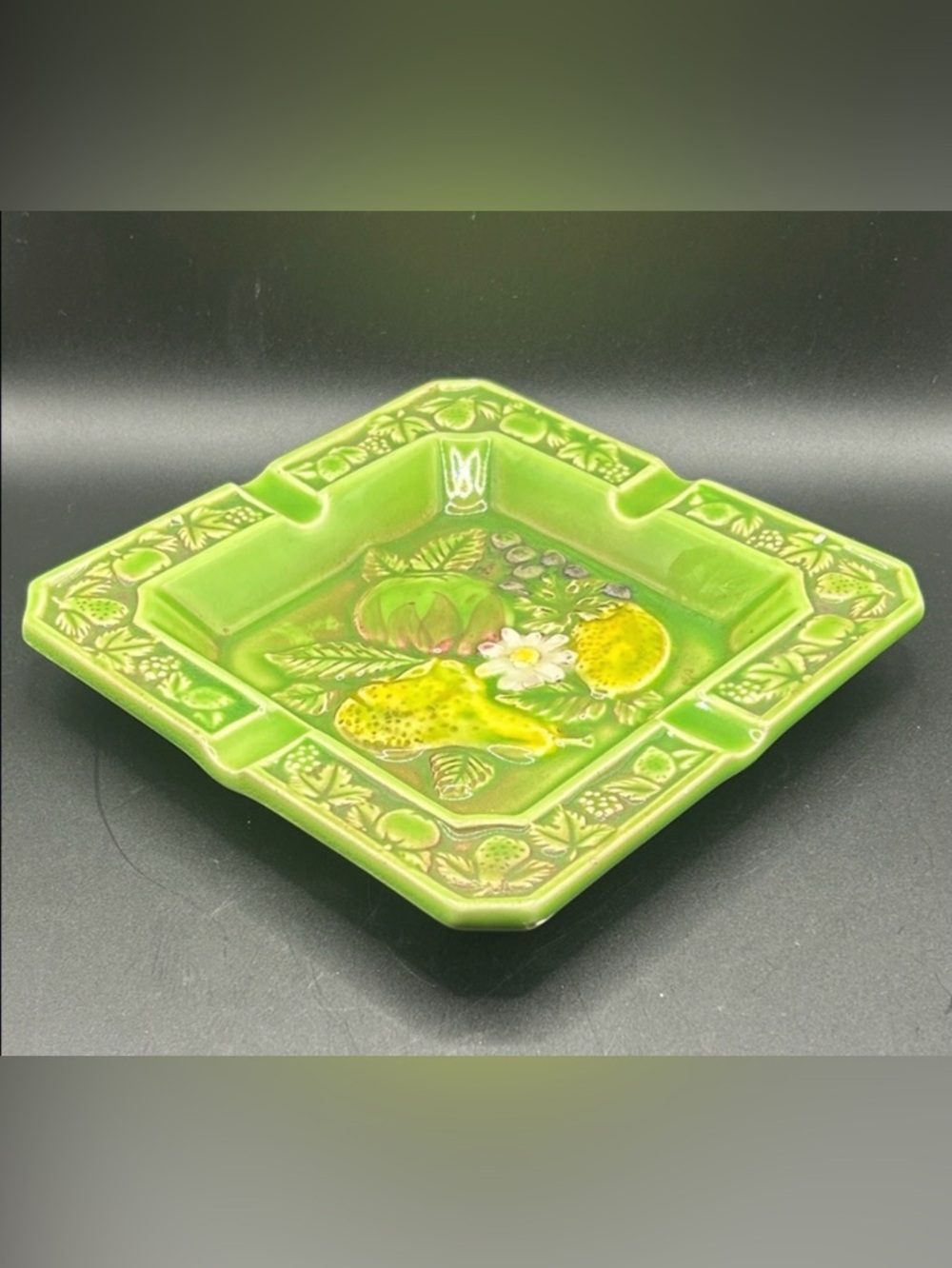 Vintage Green Glazed Fruit Motif Ceramic Ashtray / Trinket Dish Cottagecore